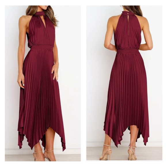 Red Sleeveless Pleated Skirt Asymmetrical Hem Satin Look Midi Dress - Picture 2 of 2